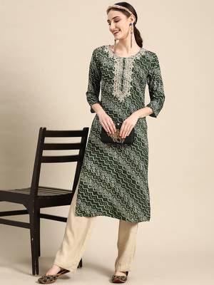 Women's Green Bandhani Printed Rayon Kurta. 4