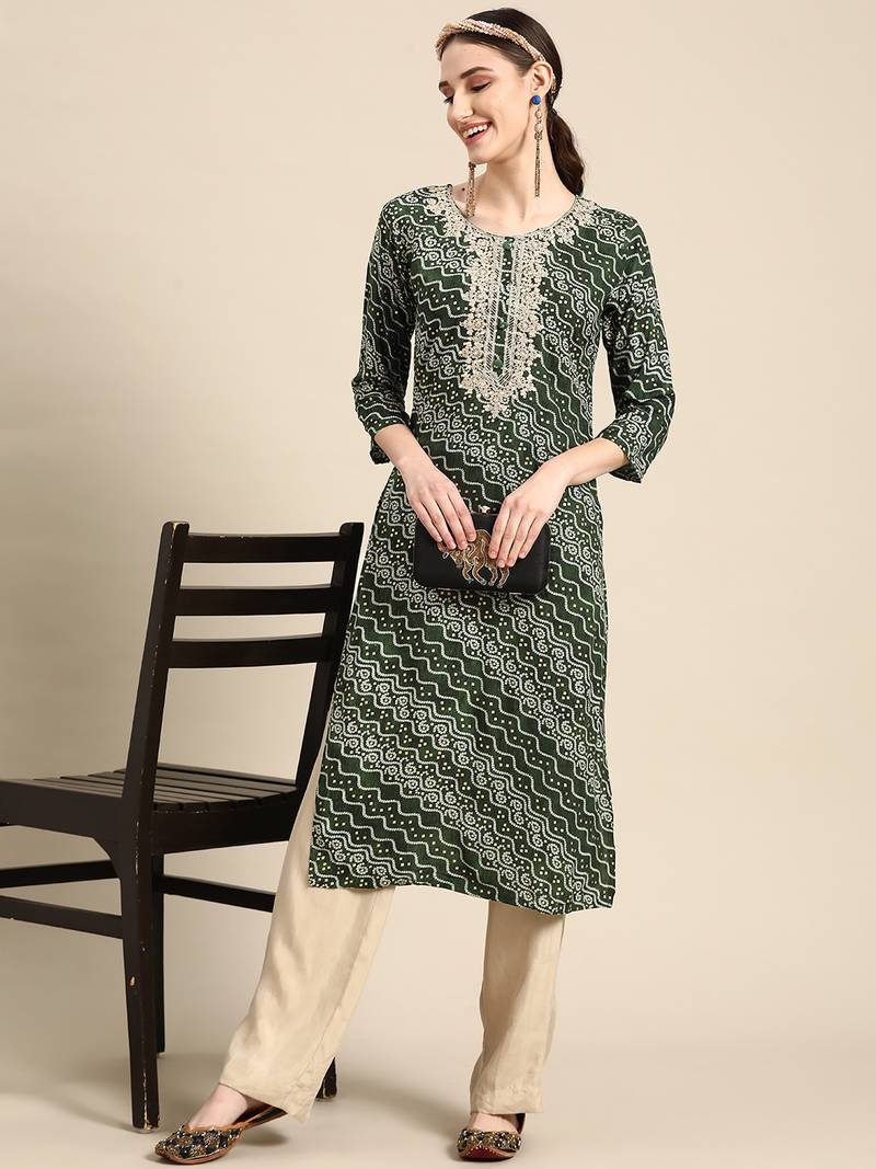 Women's Green Bandhani Printed Rayon Kurta.