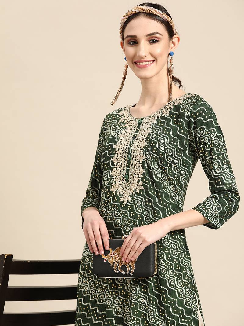 Women's Green Bandhani Printed Rayon Kurta.