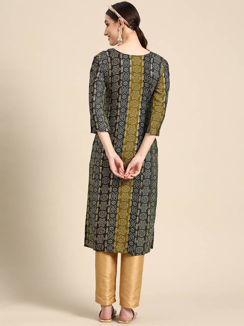 Women's Blue Bandhani Printed Rayon Kurta.