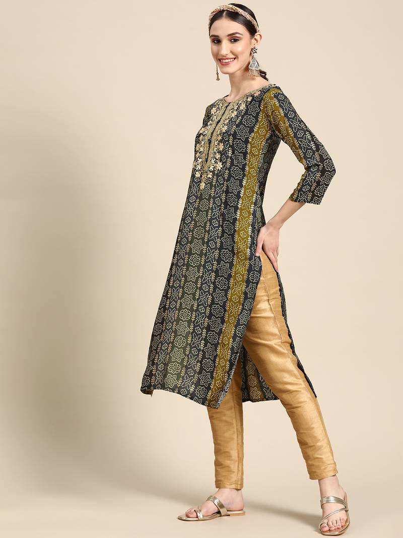Women's Blue Bandhani Printed Rayon Kurta.