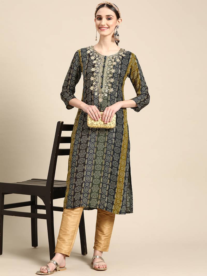 Women's Blue Bandhani Printed Rayon Kurta.