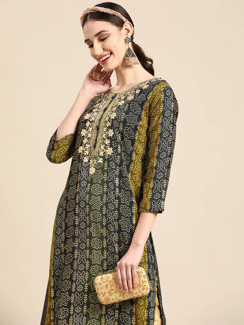 Women's Blue Bandhani Printed Rayon Kurta.