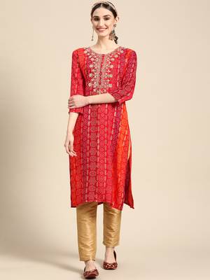 Women's Red Bandhani Printed Rayon Kurta. 1