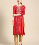 Women's Red Bandhani Printed Rayon Kurta.