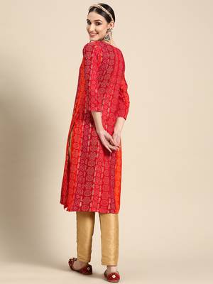 Women's Red Bandhani Printed Rayon Kurta. 2