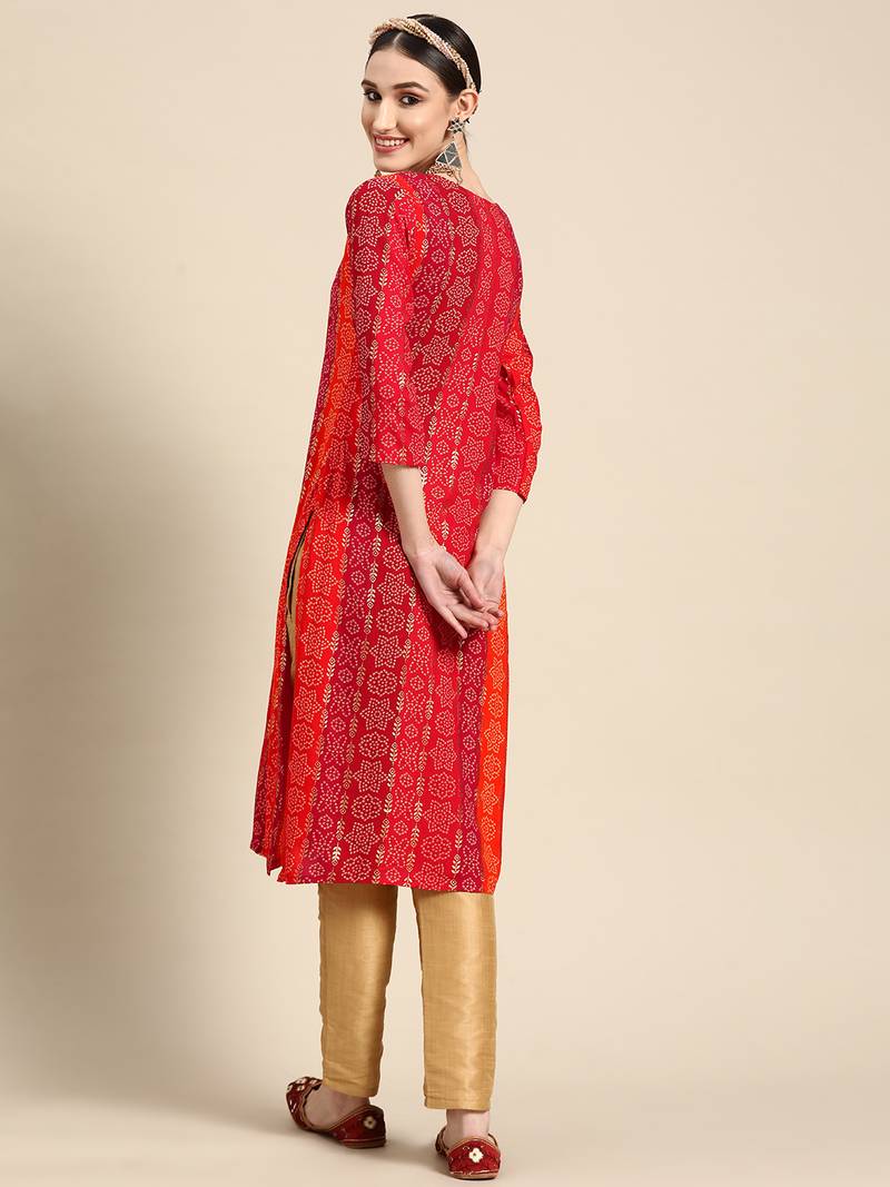 Women's Red Bandhani Printed Rayon Kurta.