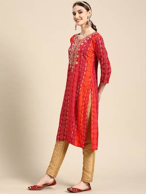Women's Red Bandhani Printed Rayon Kurta. 3
