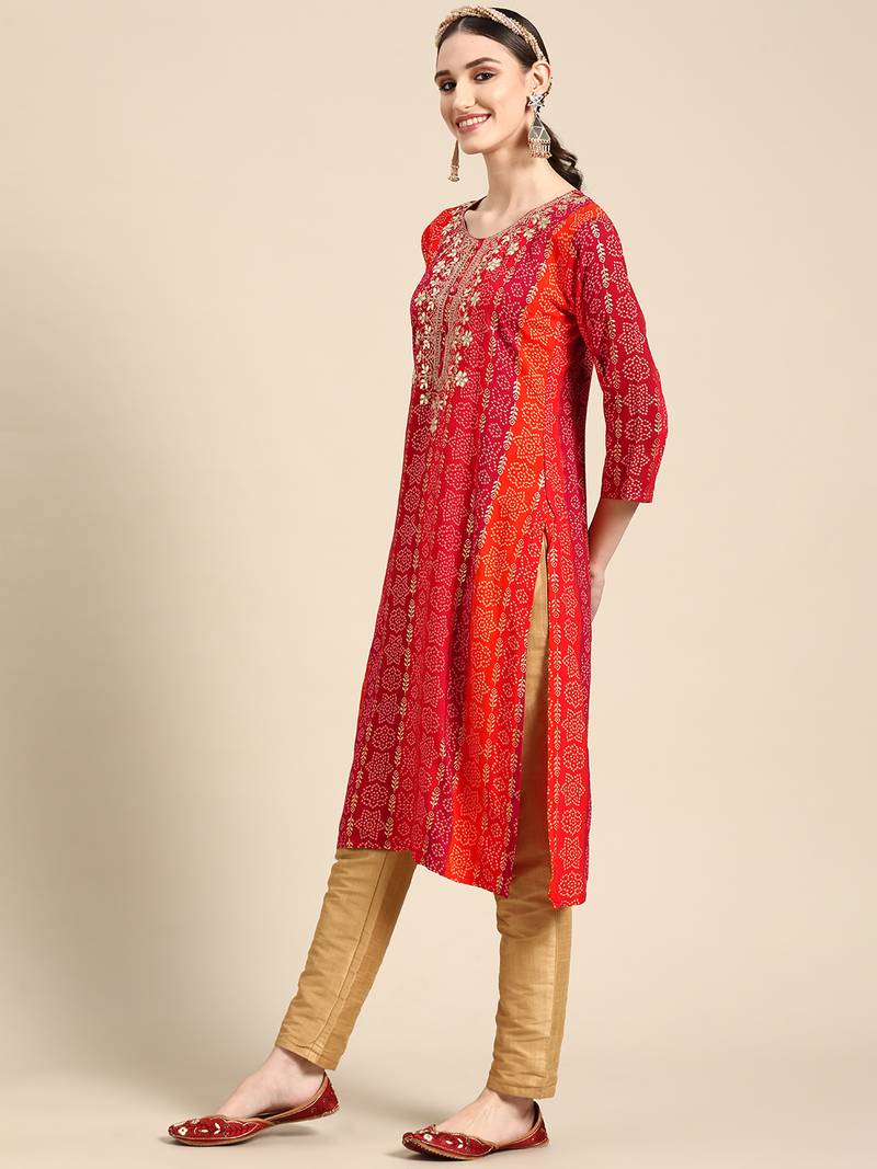 Women's Red Bandhani Printed Rayon Kurta.