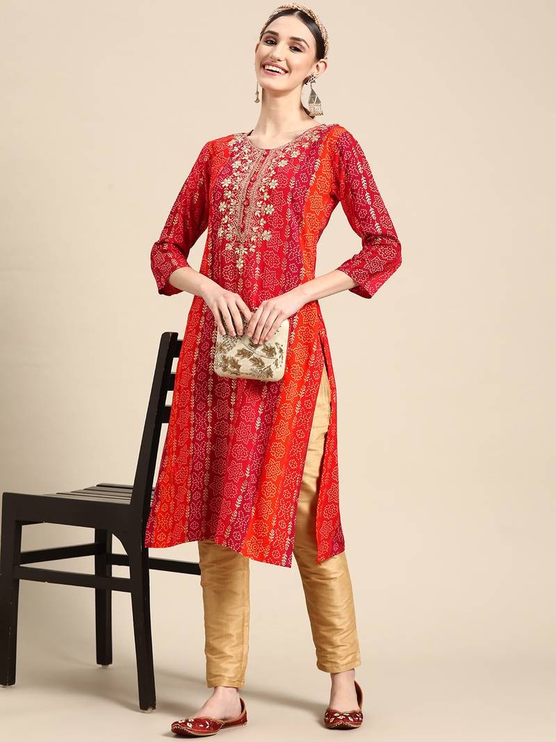 Women's Red Bandhani Printed Rayon Kurta.