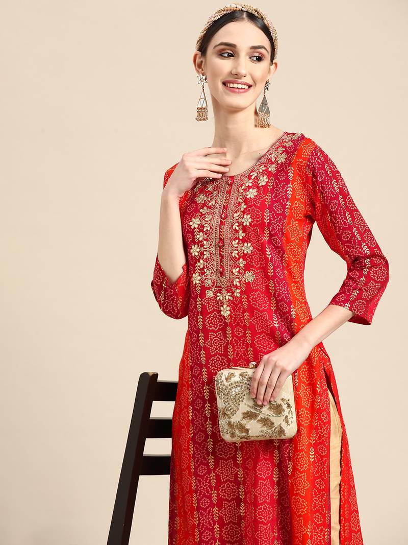 Women's Red Bandhani Printed Rayon Kurta.