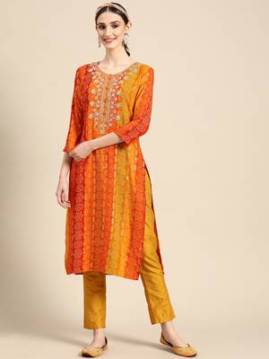 Women's Yellow Bandhani Printed Rayon Kurta. 1