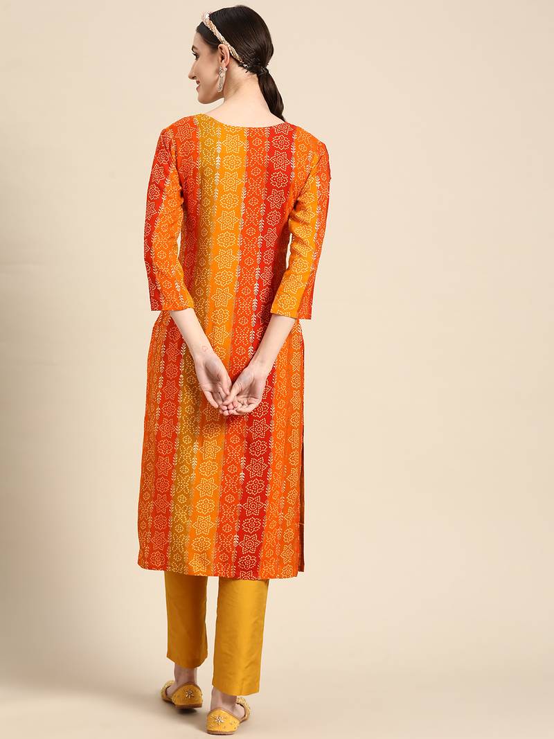 Women's Yellow Bandhani Printed Rayon Kurta.