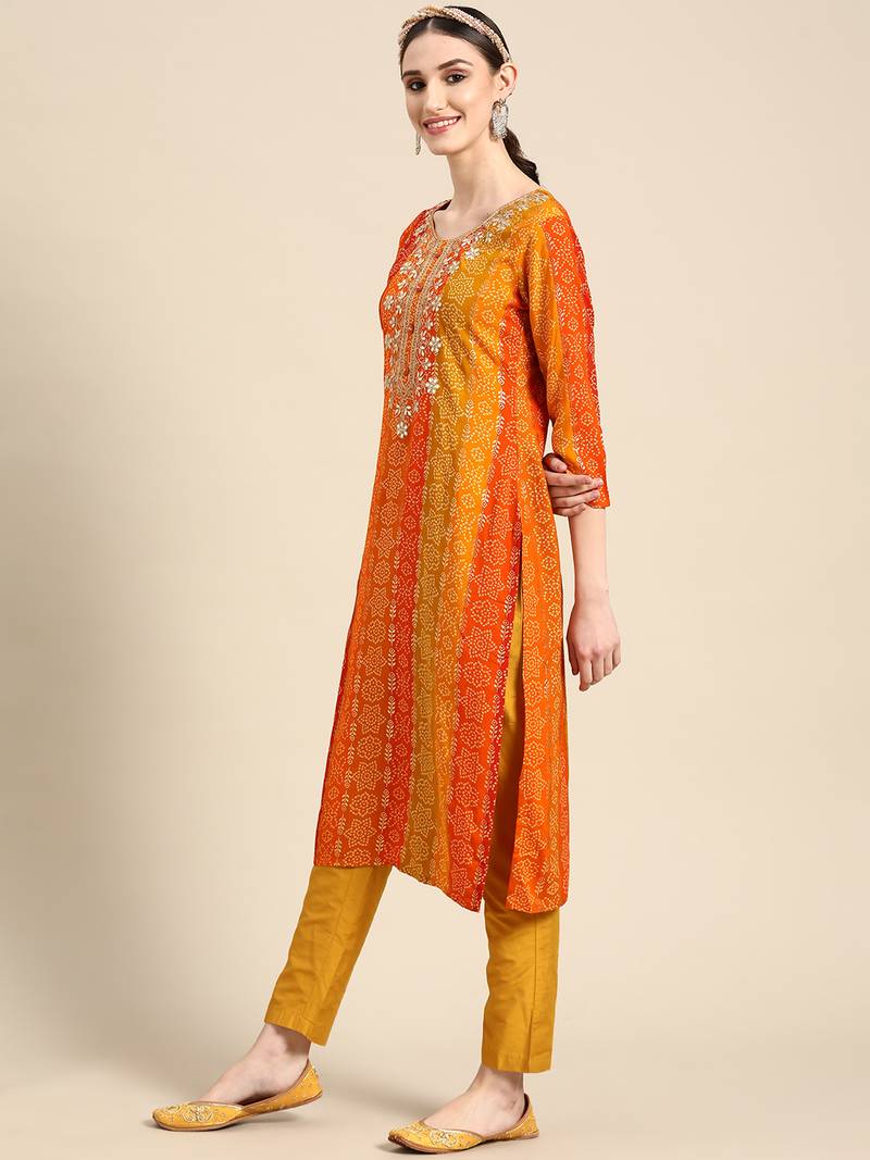 Women's Yellow Bandhani Printed Rayon Kurta.