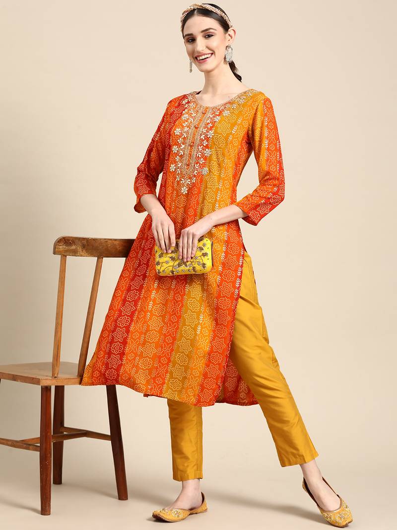 Women's Yellow Bandhani Printed Rayon Kurta.