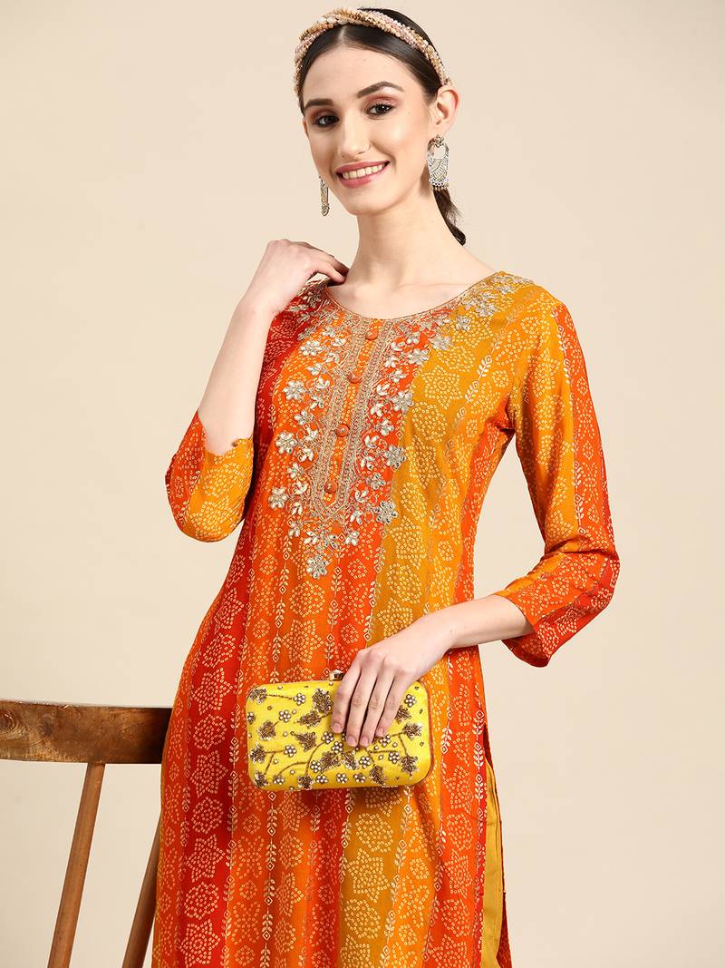 Women's Yellow Bandhani Printed Rayon Kurta.