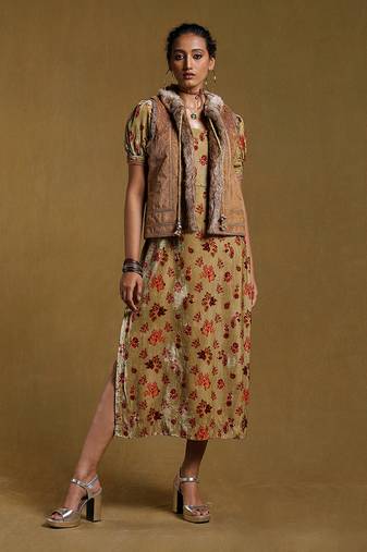 RITU KUMAR Brown Embroidered Fur Jacket