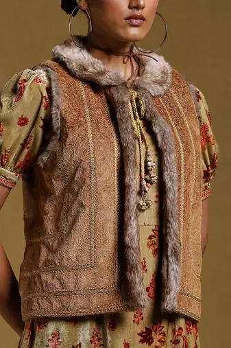 RITU KUMAR Brown Embroidered Fur Jacket