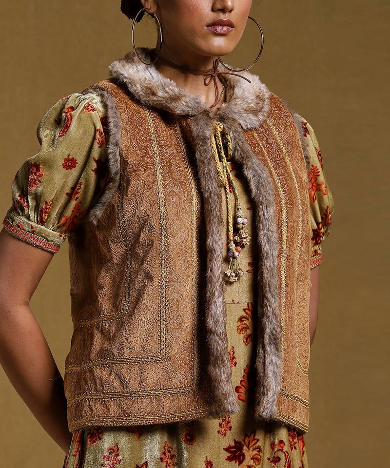 RITU KUMAR Brown Embroidered Fur Jacket