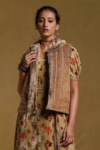 RITU KUMAR Brown Embroidered Fur Jacket
