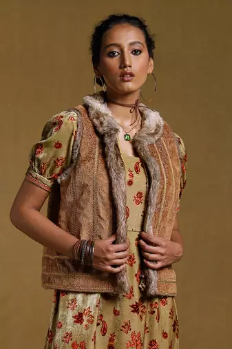 RITU KUMAR Brown Embroidered Fur Jacket