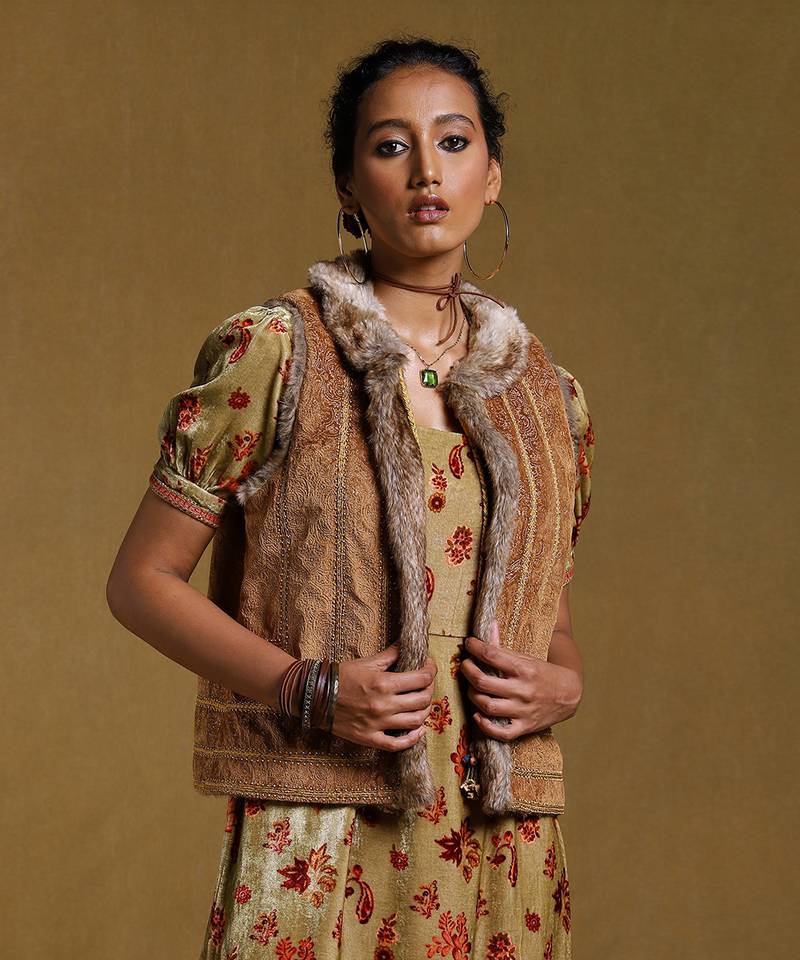 RITU KUMAR Brown Embroidered Fur Jacket