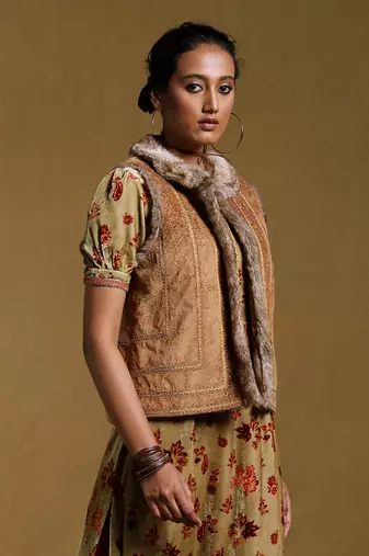 RITU KUMAR Brown Embroidered Fur Jacket