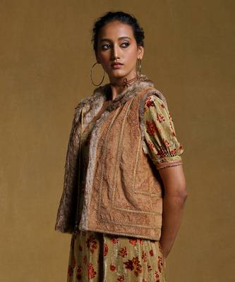 RITU KUMAR Brown Embroidered Fur Jacket 6
