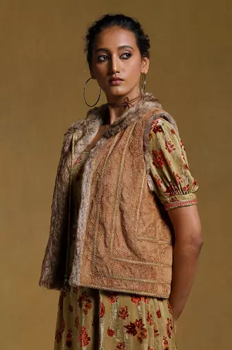 RITU KUMAR Brown Embroidered Fur Jacket