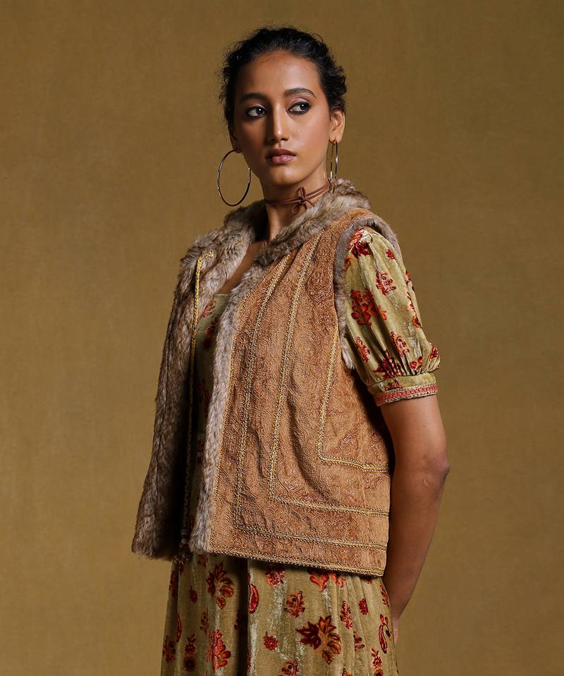 RITU KUMAR Brown Embroidered Fur Jacket