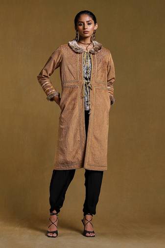 RITU KUMAR Brown Embroidered Long Fur Jacket