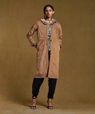 RITU KUMAR Brown Embroidered Long Fur Jacket 1