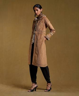 RITU KUMAR Brown Embroidered Long Fur Jacket 2