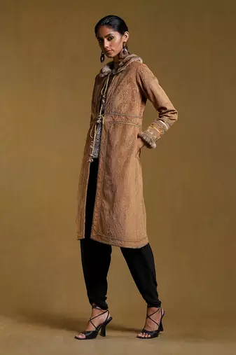 RITU KUMAR Brown Embroidered Long Fur Jacket