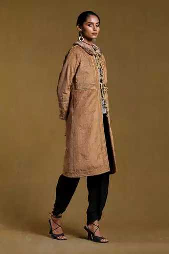 RITU KUMAR Brown Embroidered Long Fur Jacket