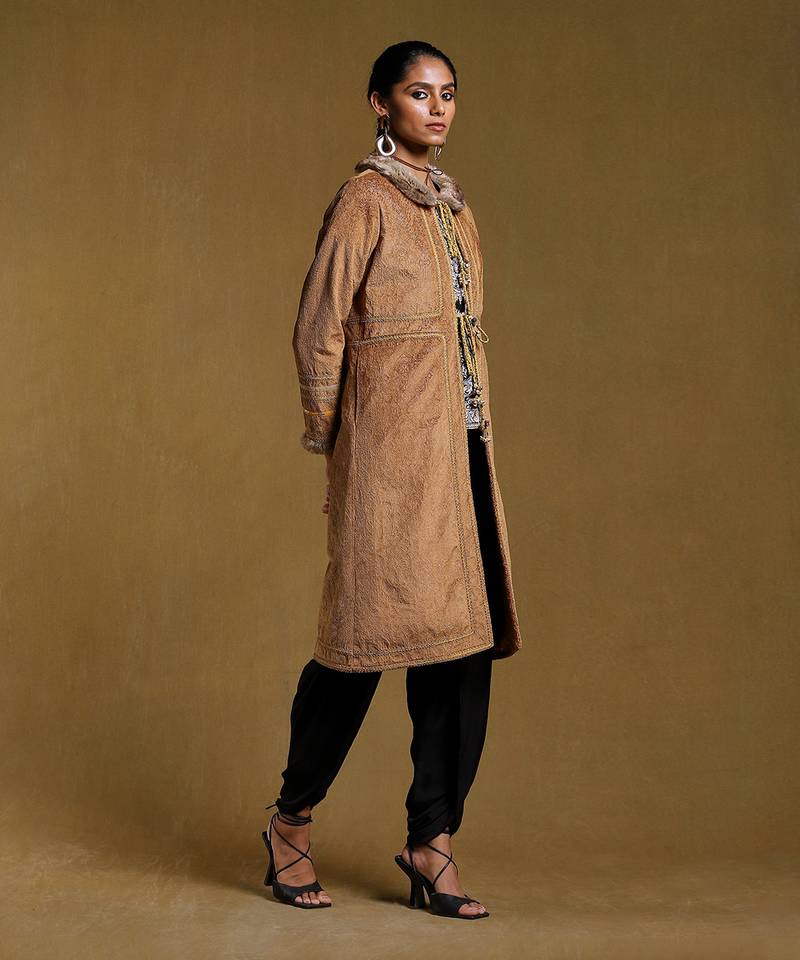 RITU KUMAR Brown Embroidered Long Fur Jacket