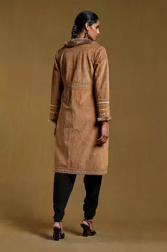 RITU KUMAR Brown Embroidered Long Fur Jacket