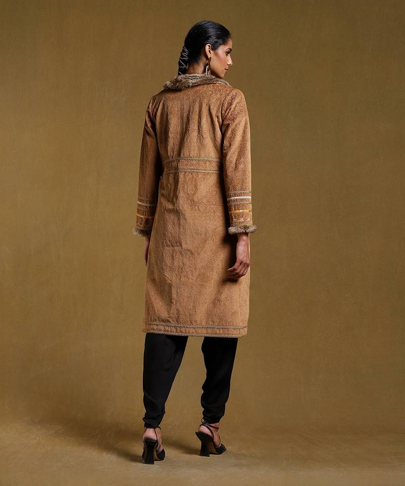 RITU KUMAR Brown Embroidered Long Fur Jacket