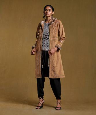 RITU KUMAR Brown Embroidered Long Fur Jacket 5