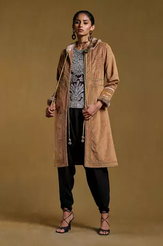 RITU KUMAR Brown Embroidered Long Fur Jacket