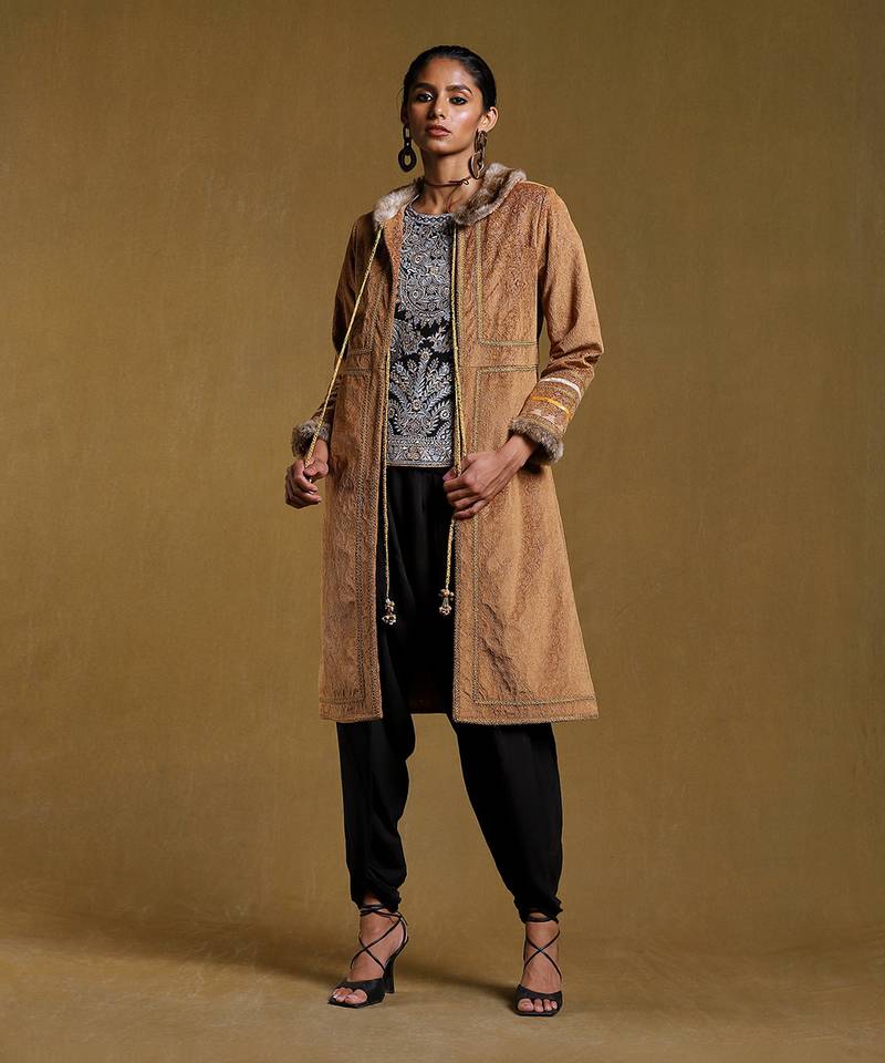 RITU KUMAR Brown Embroidered Long Fur Jacket