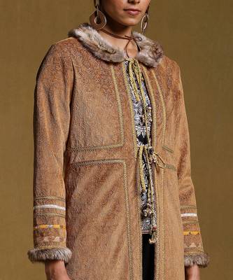 RITU KUMAR Brown Embroidered Long Fur Jacket 6