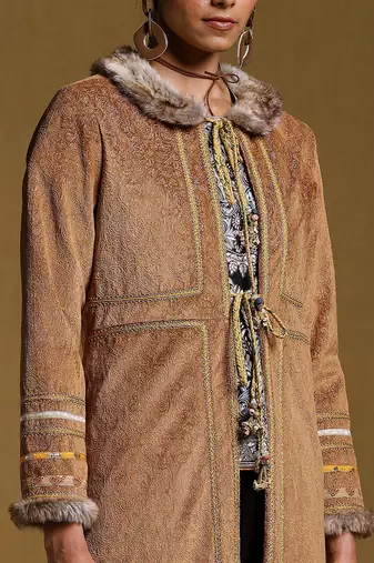 RITU KUMAR Brown Embroidered Long Fur Jacket