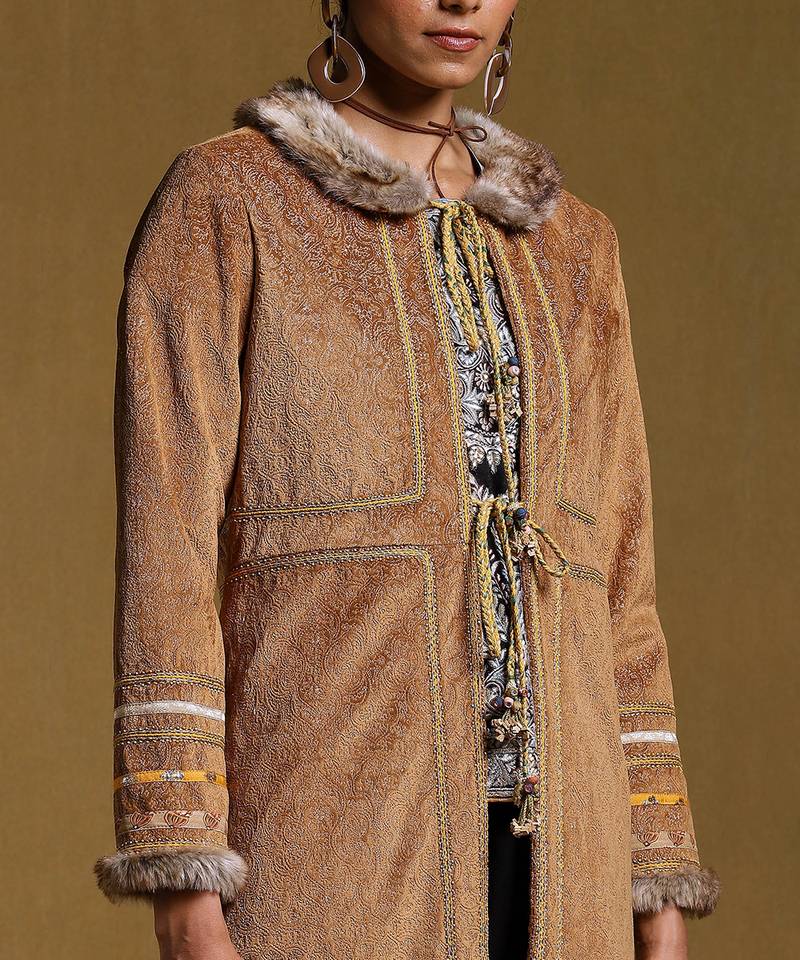 RITU KUMAR Brown Embroidered Long Fur Jacket
