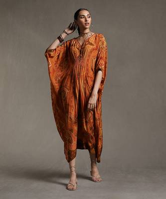 Rust Paisley Print Kaftan by RITU KUMAR 1