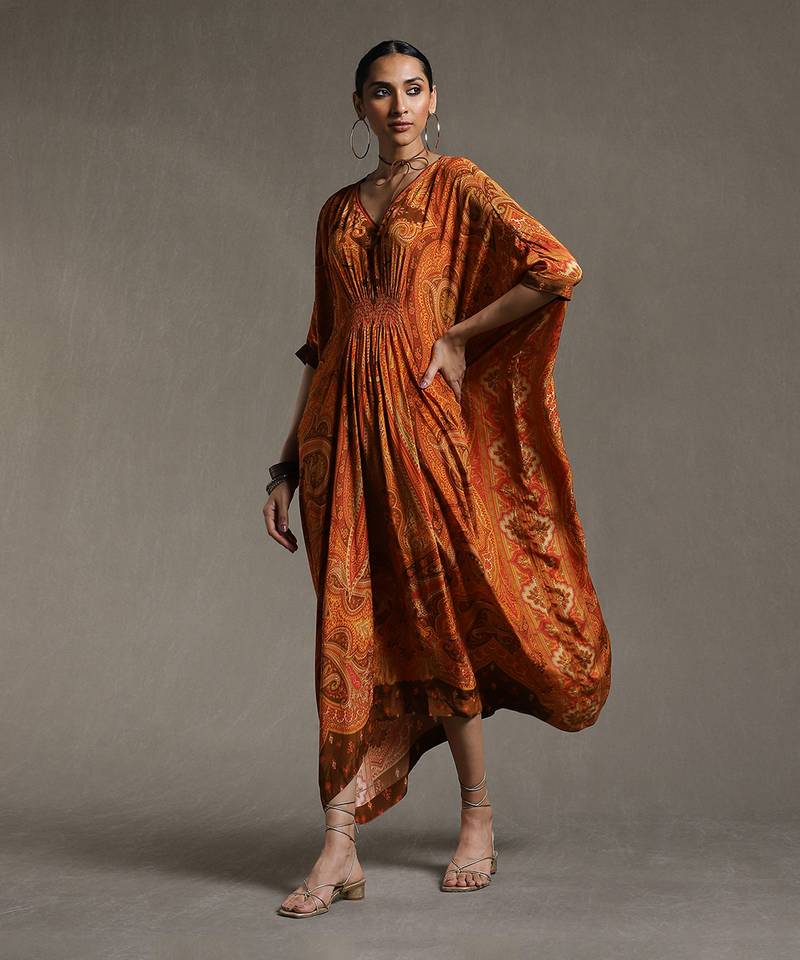 Rust Paisley Print Kaftan by RITU KUMAR