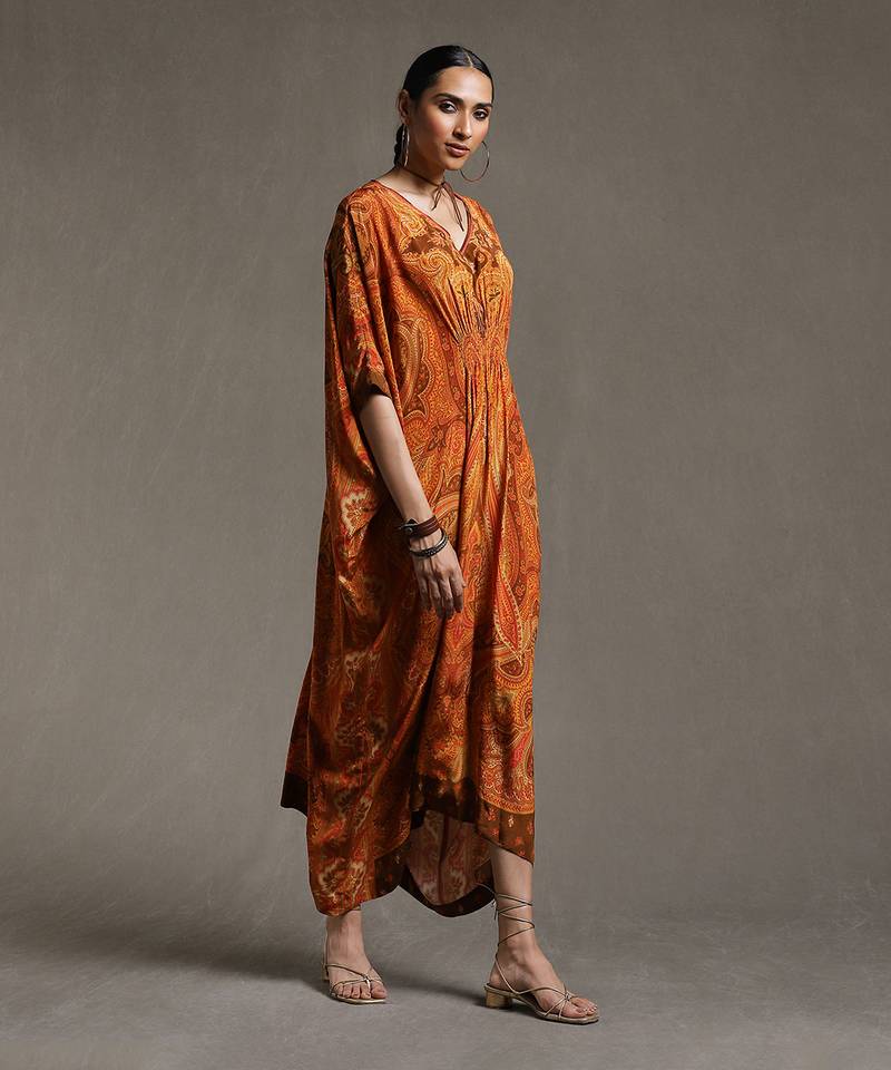 Rust Paisley Print Kaftan by RITU KUMAR