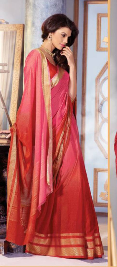Red and Pink Plain Silk saree with blouse