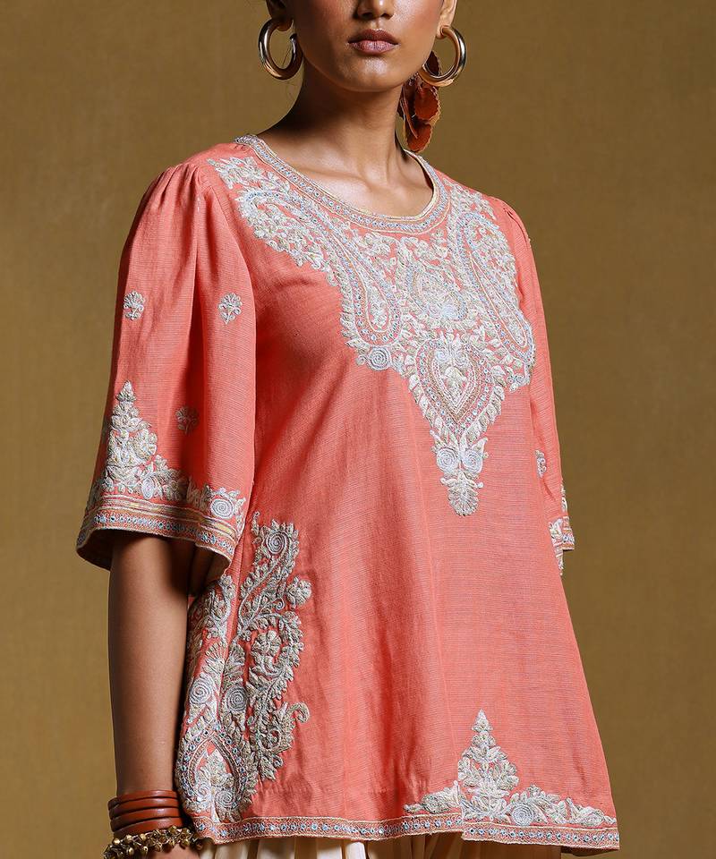 Peach Embroidered Kurti by RITU KUMAR