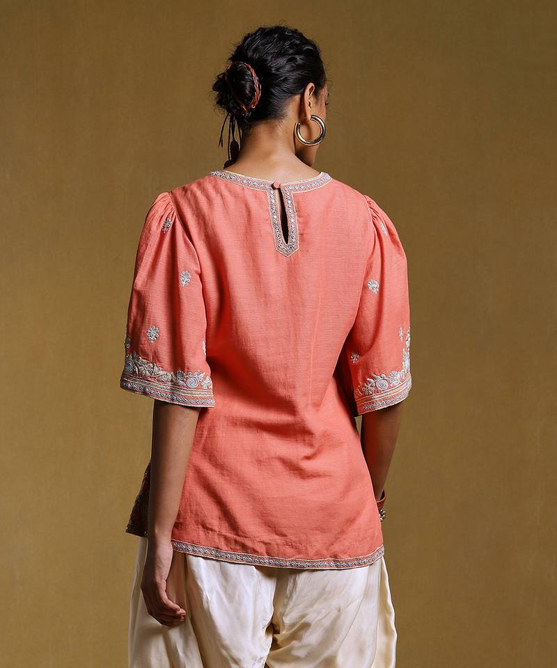 Peach Embroidered Kurti by RITU KUMAR